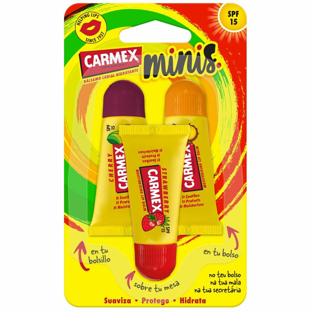 Baume à lèvres hydratant Carmex Triplo Transparent Spf 15 Fraise Ananas Cerise 3 Pièces (3 Unités)