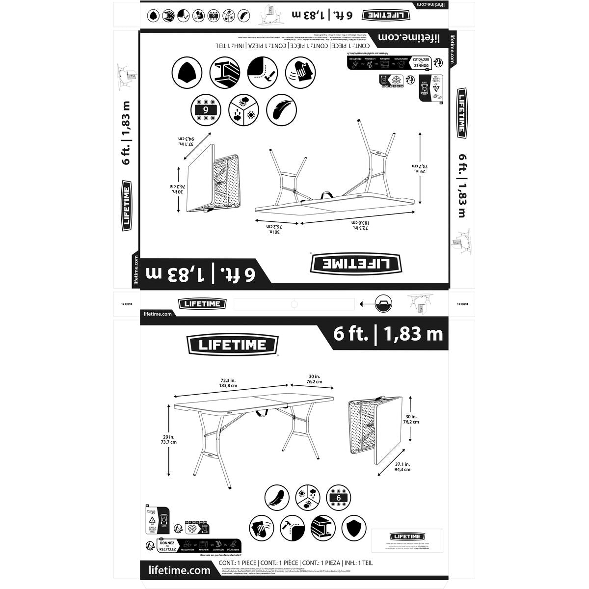 Table Piable Lifetime Blanc 185 x 74 x 76 cm Acier Plastique