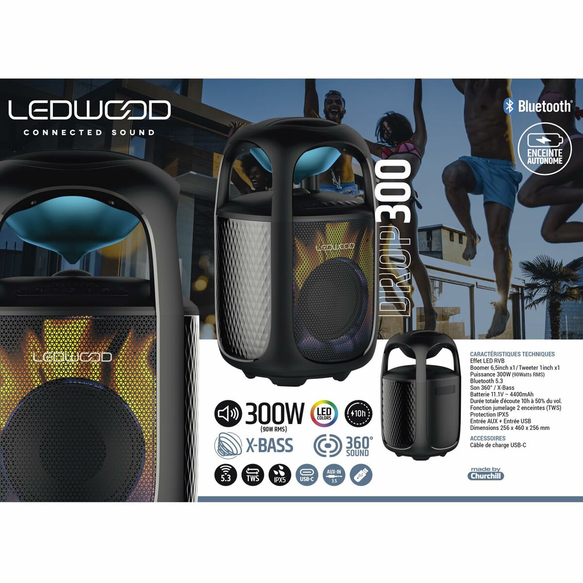 Haut-parleurs bluetooth portables Ledwood DROP300 BT 300W 90 W