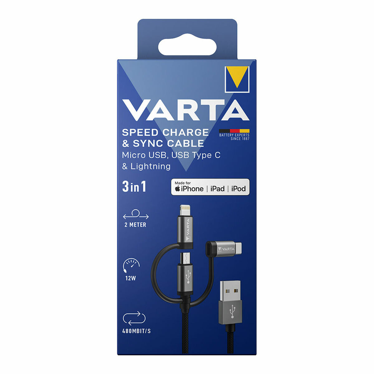 Câble USB Varta 2 m Noir 3-en-1 USB-C Micro USB Lightning