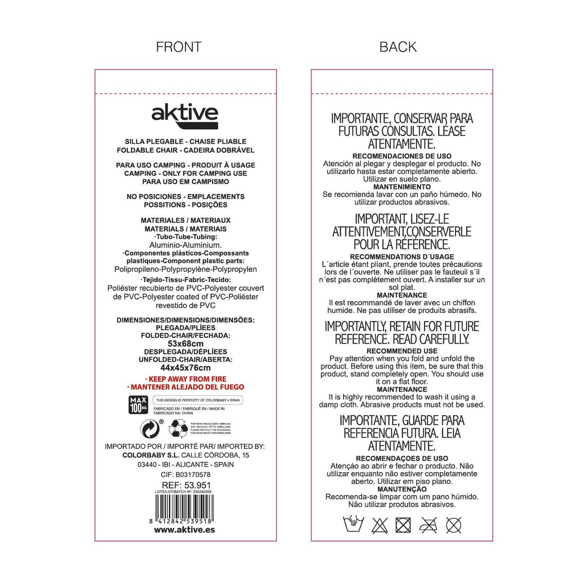 Chaise Pliante Aktive Marin 44 x 76 x 45 cm (4 Unités)