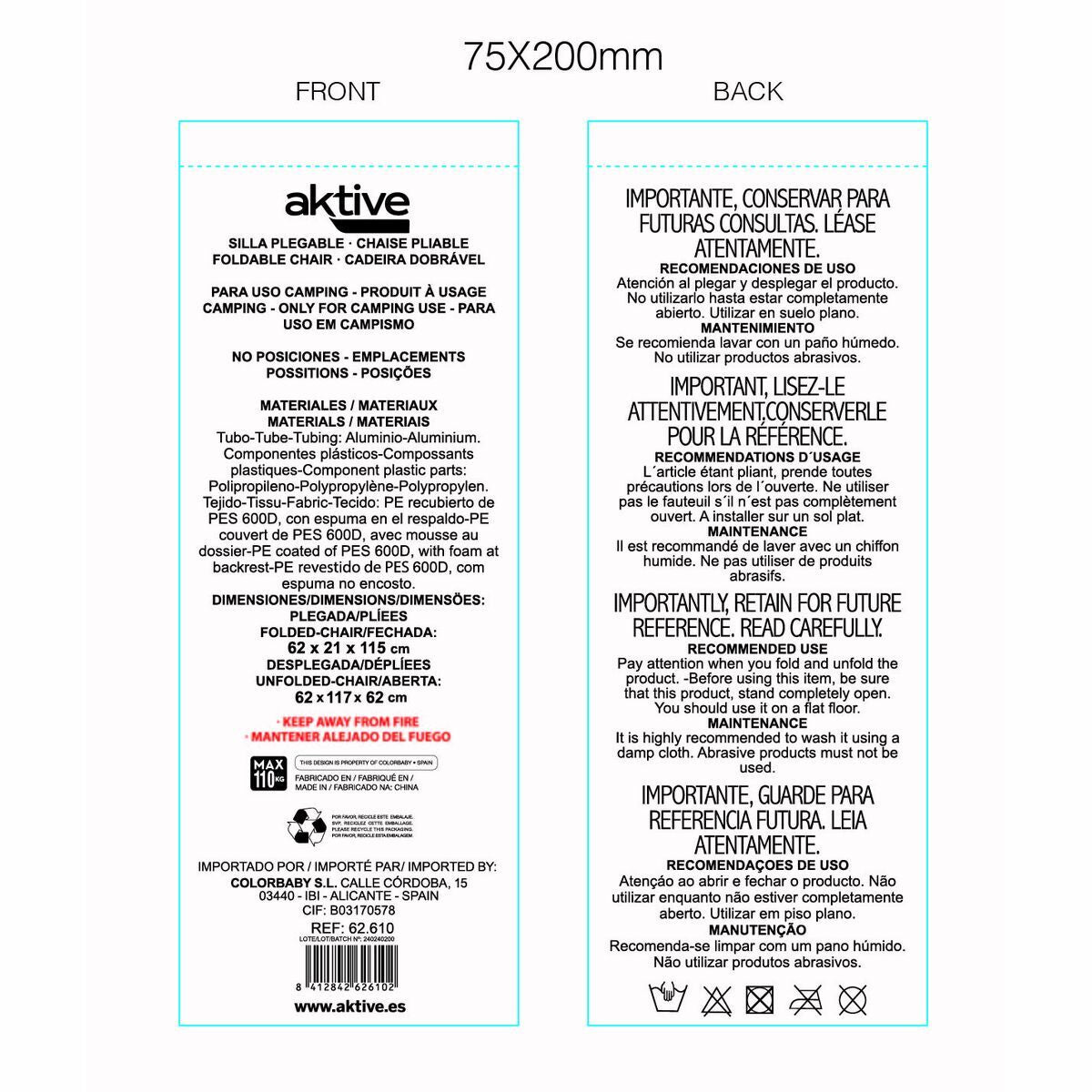 Chaise Transat Pliable de Camping Aktive Bleu 62 x 62 x 117 cm Chariot pliant Auvent (2 Unités)