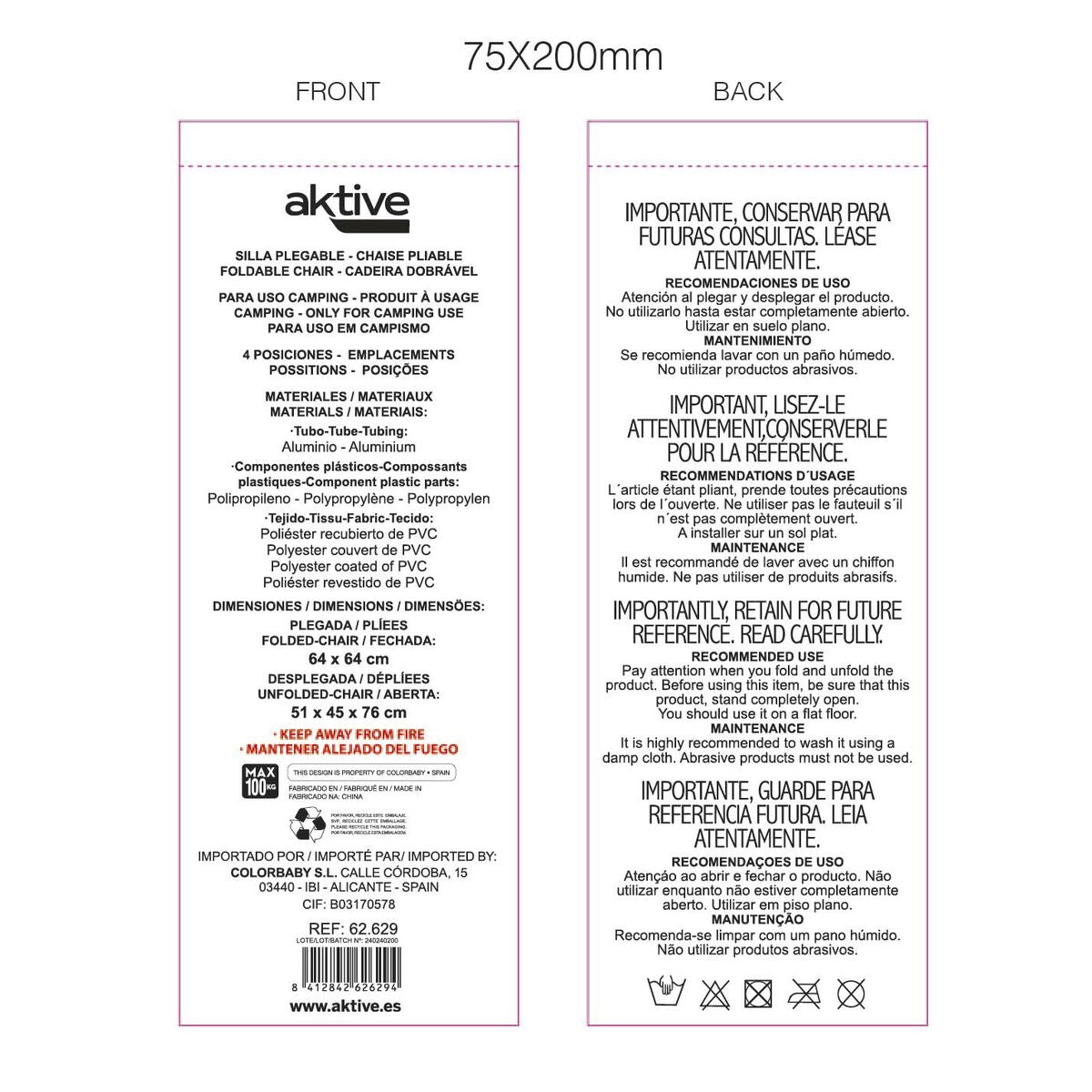 Chaise Pliante avec Repose-Tête Aktive Flamingo Corail 51 x 76 x 45 cm (2 Unités)