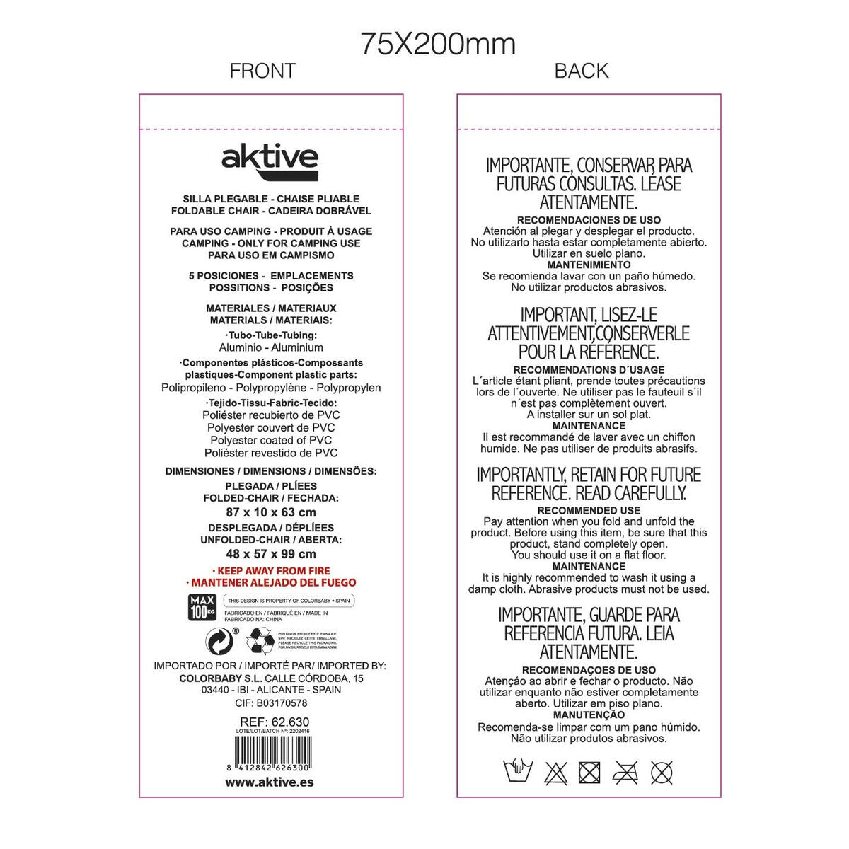 Chaise Pliante Aktive Flamingo Corail 48 x 99 x 57 cm (4 Unités)