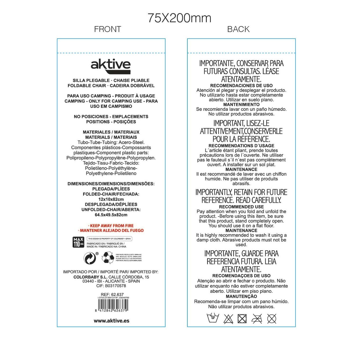 Chaise Pliante Aktive Marin 45 x 82 x 47 cm (4 Unités)