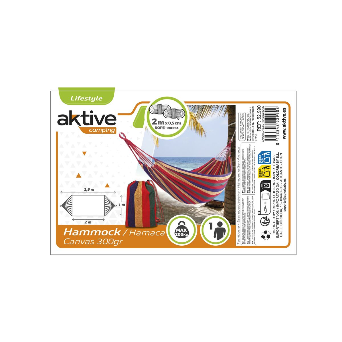 Hamac Aktive Orange 200 x 0,4 x 100 cm (6 Unités)