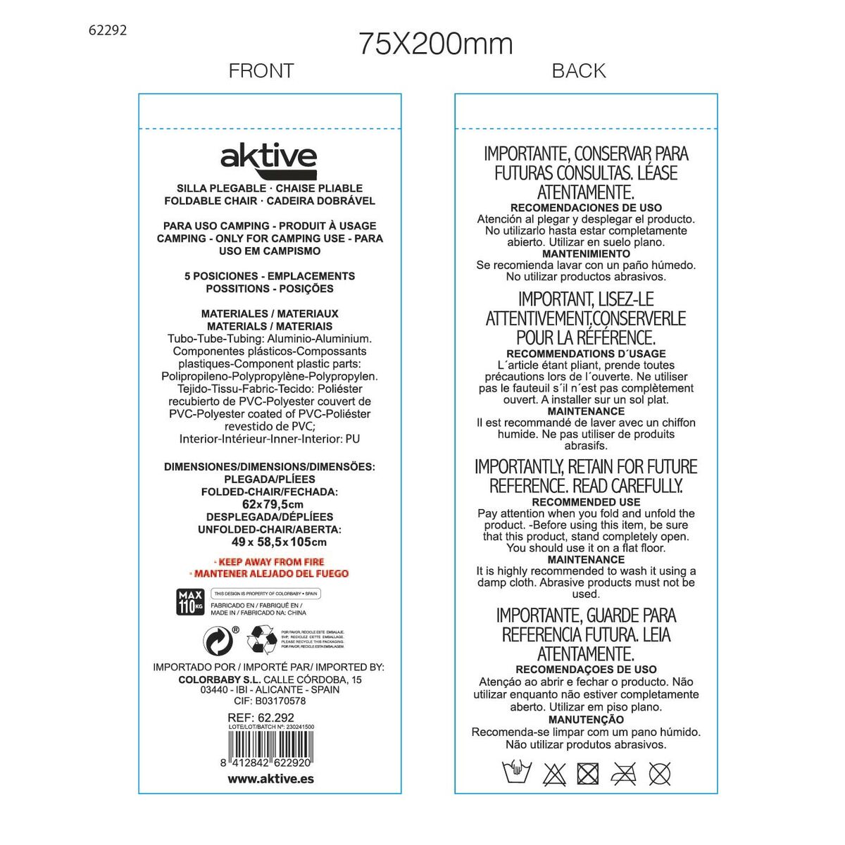 Chaise de Plage Aktive Deluxe Pliable Noir 49 x 105 x 59 cm (2 Unités)