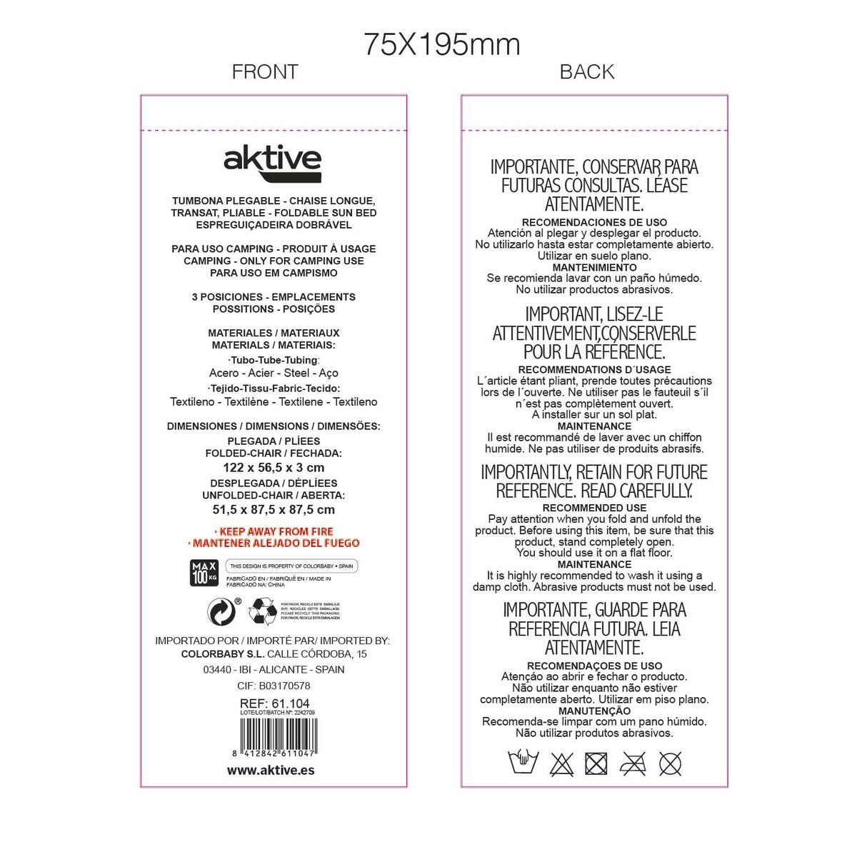 Chaise longue inclinable Aktive Orange 53 x 87 x 78 cm (4 Unités)