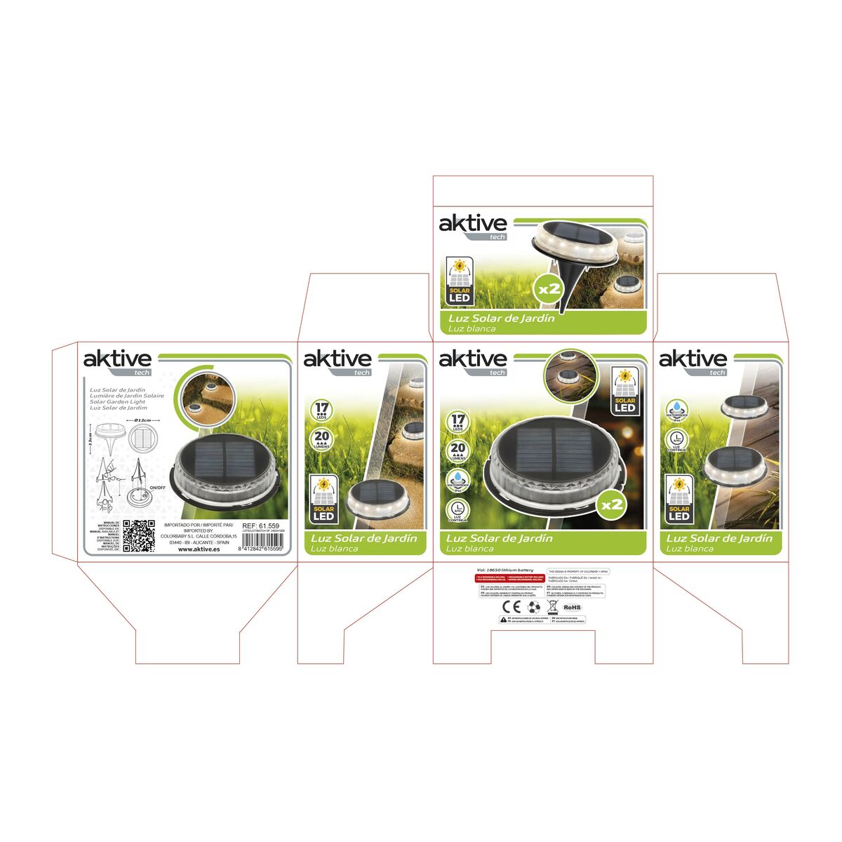 Set de bornes de jardin solaires Aktive 2 Pièces Plastique 12 x 13,5 x 12 cm (6 Unités)