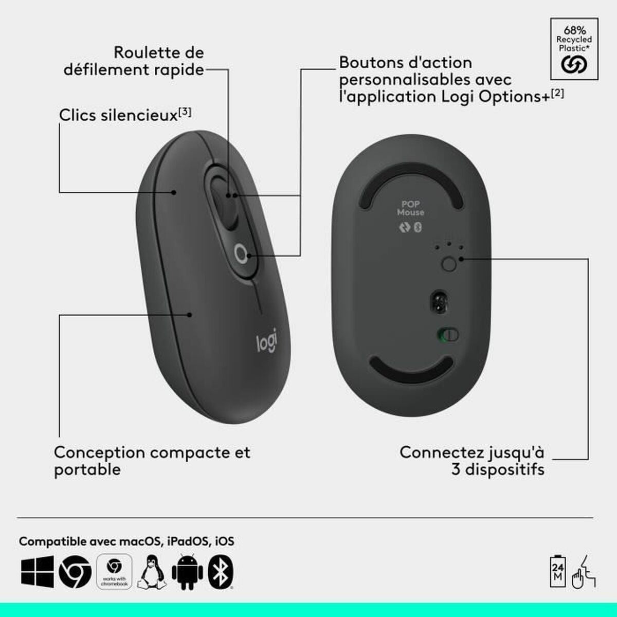 Souris Bluetooth Sans Fil Logitech Pop Gris foncé