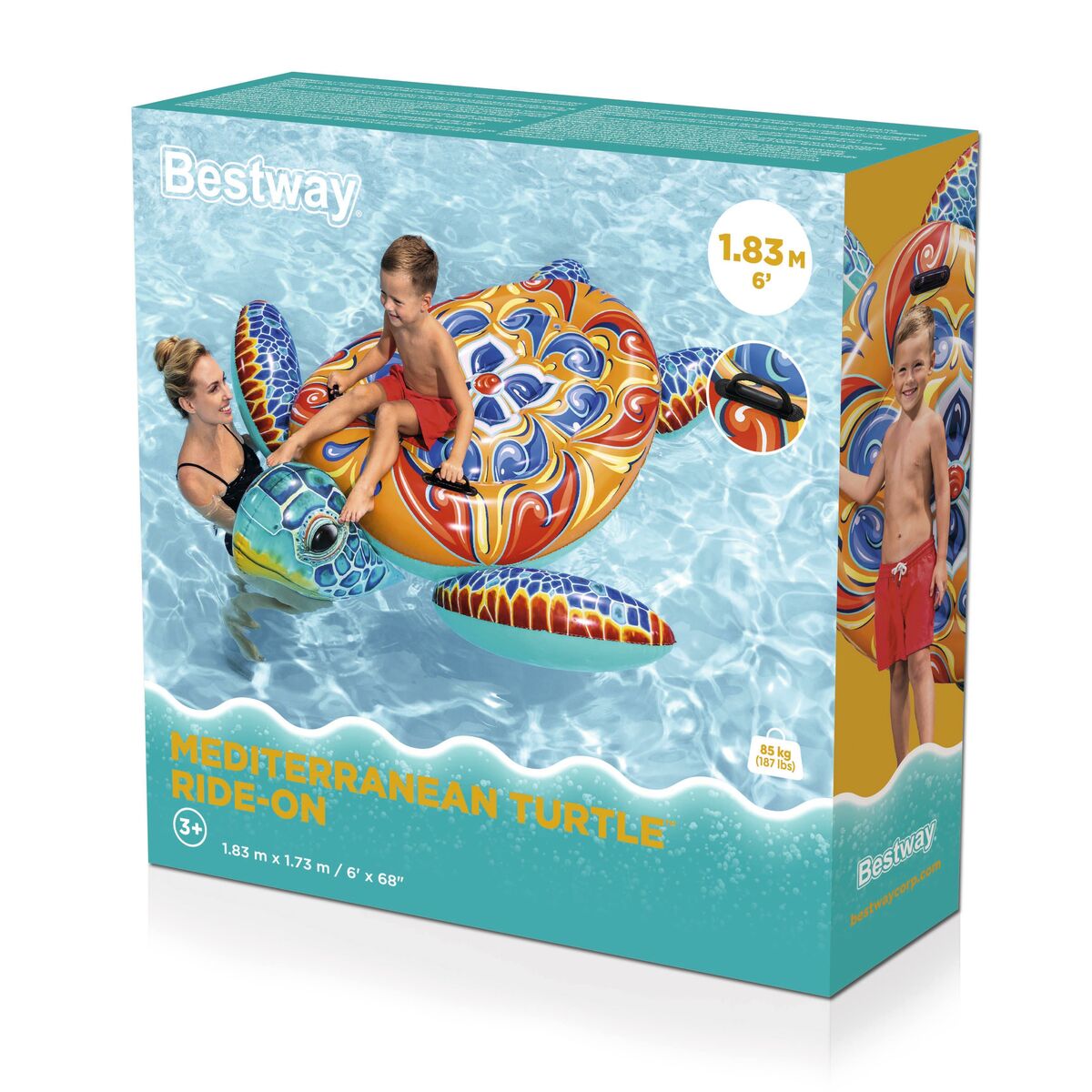 Bestway Tortue Gonflable Méditerranéenne avec Poignées 183x173 cm +3 Ans Plage Piscine 41523