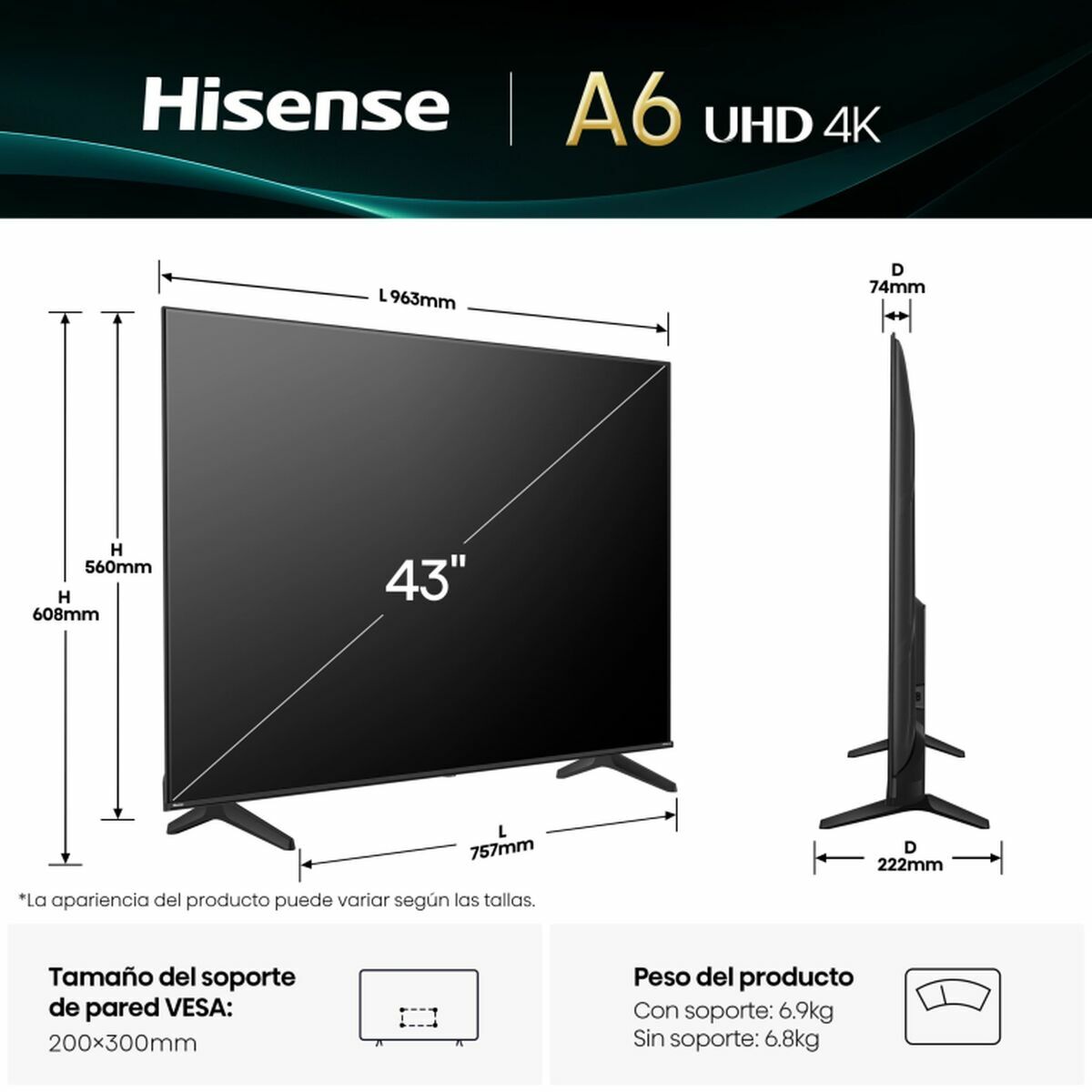 TV intelligente Hisense 43A6Q 43" 4K Ultra HD LED HDR D-LED