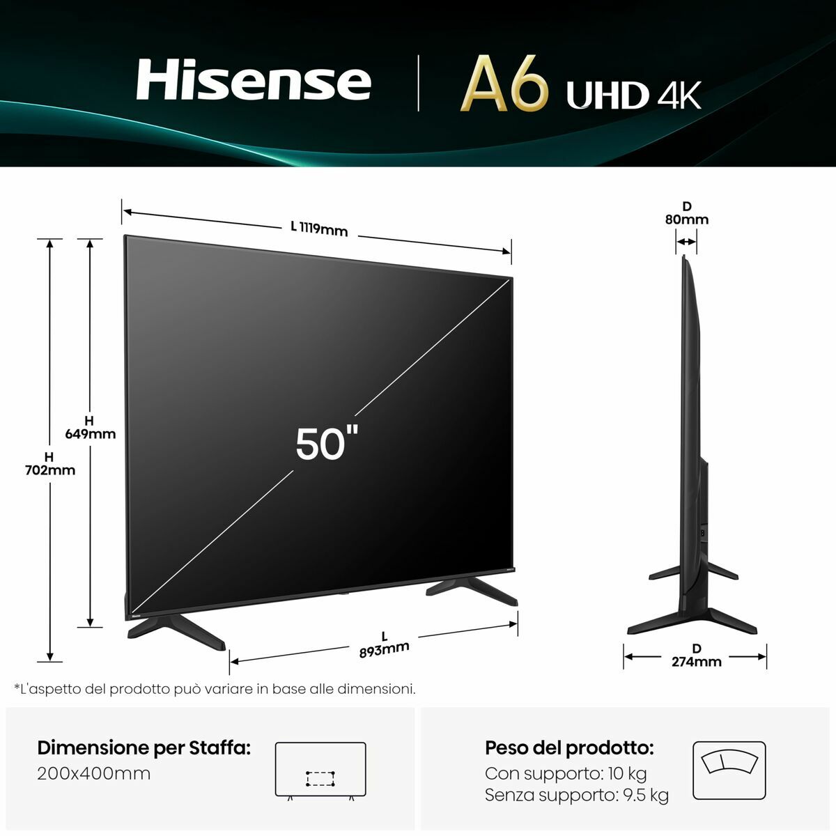 TV intelligente Hisense 50A6Q        50 50" 4K Ultra HD LED HDR D-LED