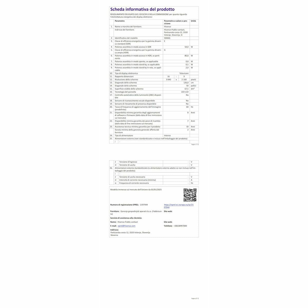 TV intelligente Hisense 50A6Q        50 50" 4K Ultra HD LED HDR D-LED