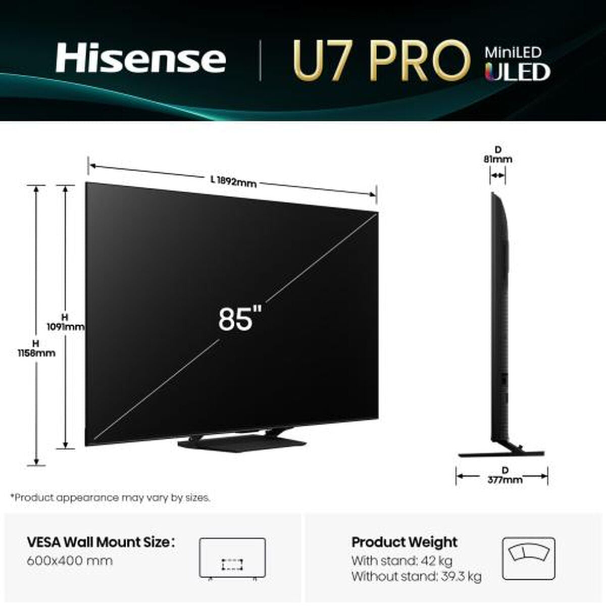 TV intelligente Hisense 85U7Q PRO 85" 4K Ultra HD LED HDR