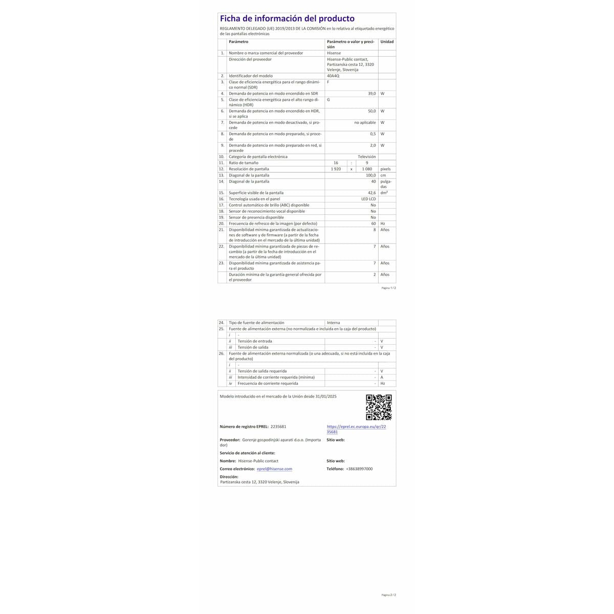 TV intelligente Hisense 40A4Q        40 Full HD DLED 40"