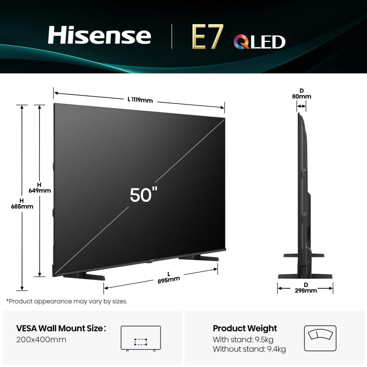 TV intelligente Hisense 50E77Q       50 50" 4K Ultra HD HDR QLED