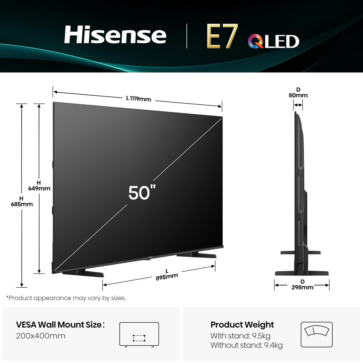 TV intelligente Hisense 50E7Q 4K Ultra HD 50"