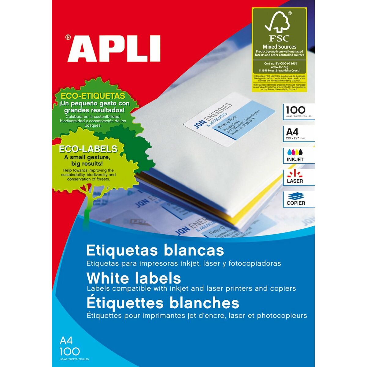 Étiquettes adhésives Apli 1285 100 Volets 48,5 x 25,4 mm Blanc