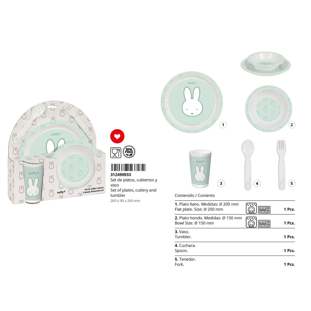 Set de vaisselle pour enfants Miffy Menta (5 Pièces)