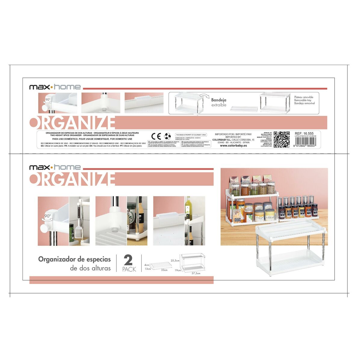 Organiseur pour placard de cuisine Max Home Blanc 2 Etagères 2 Unités 37,5 x 25,5 x 19 cm