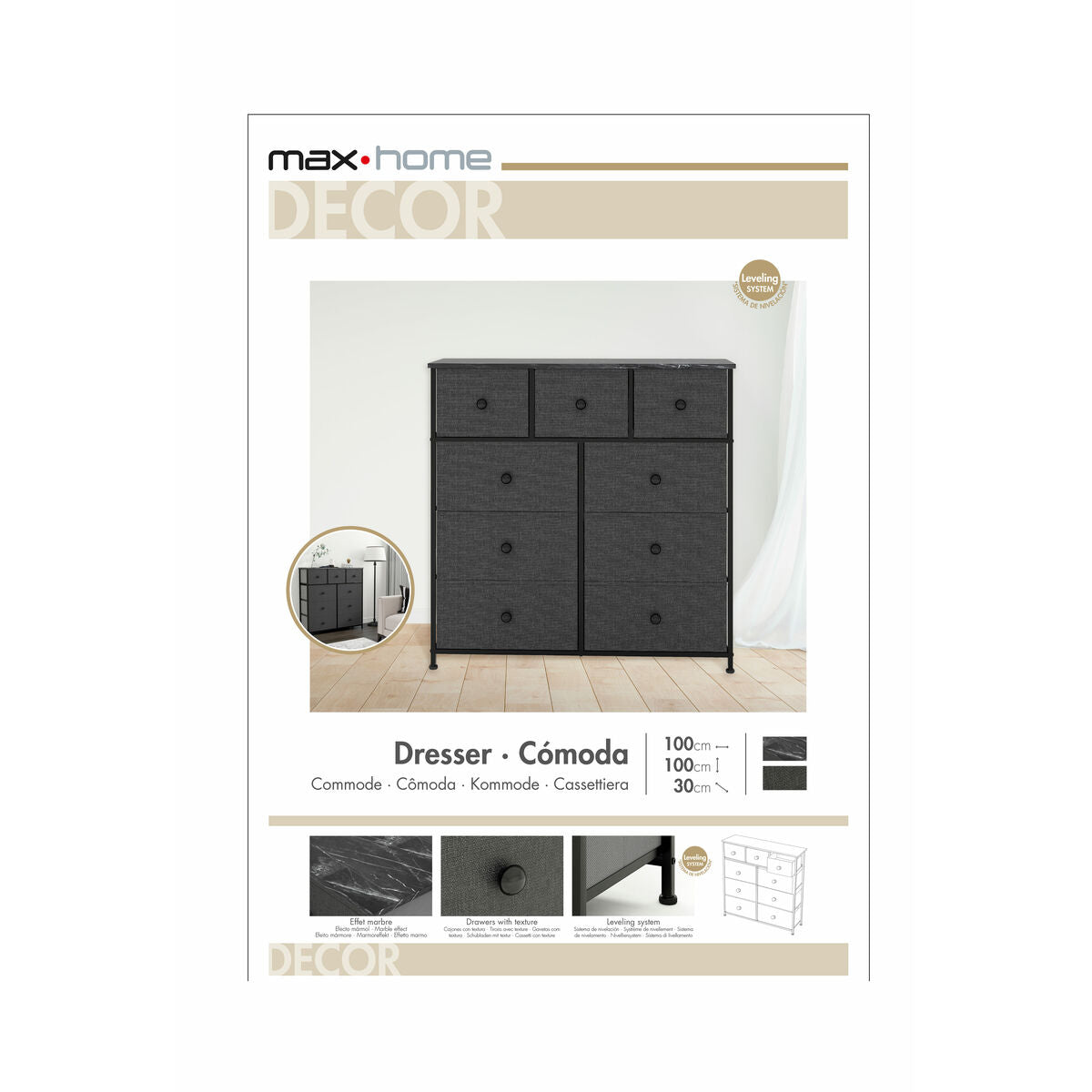Commode Max Home Noir Gris Marbre 100 x 100 x 30 cm