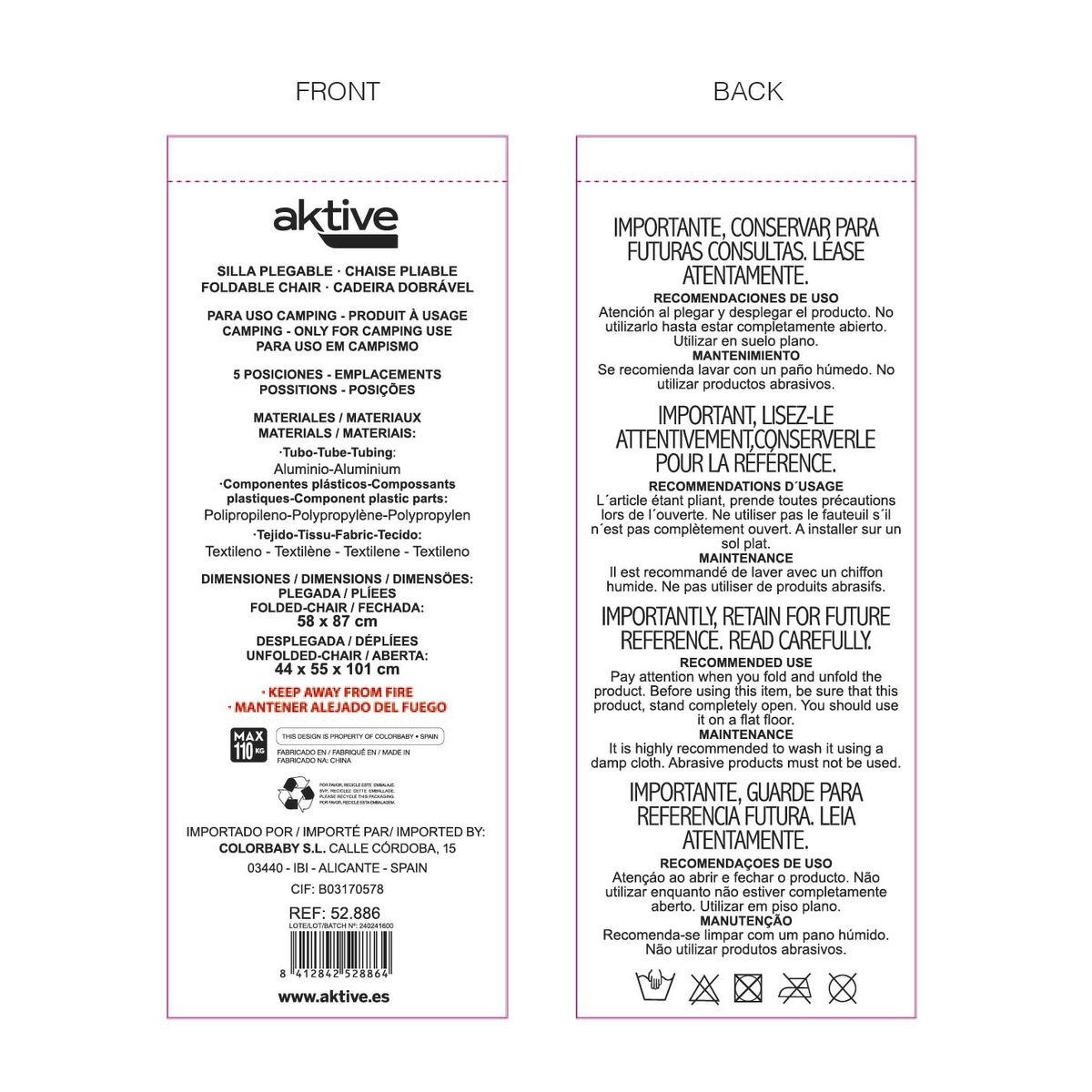 Chaise Pliante avec Repose-Tête Aktive Noir 44 x 55 x 101 cm