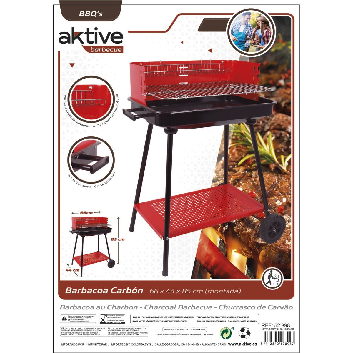 Roues de barbecue au charbon de bois Aktive Acier Plastique Métal émaillé 66 x 85 x 44 cm Rouge