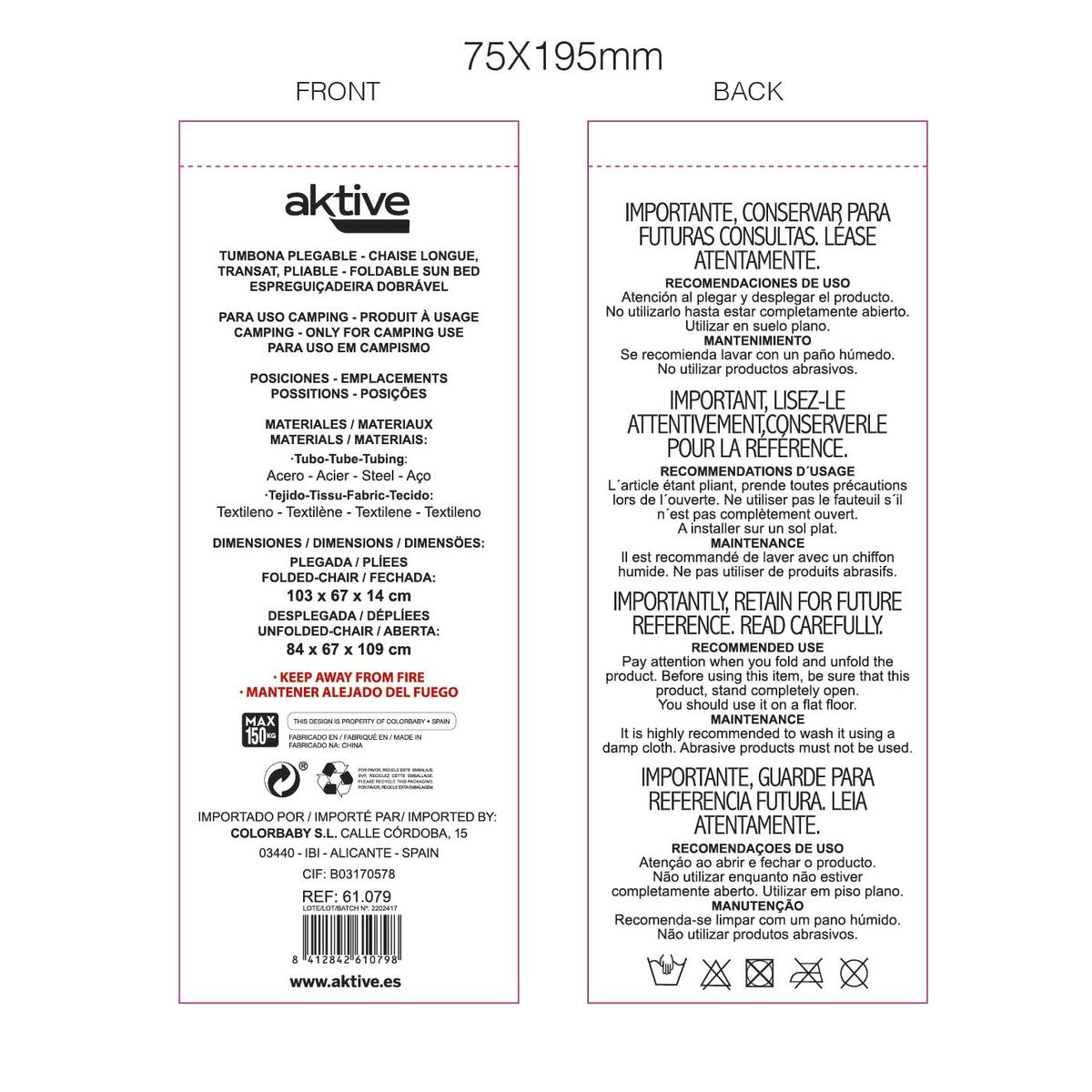 Chaise longue Aktive Textilène Bleu 160 x 76 x 52 cm