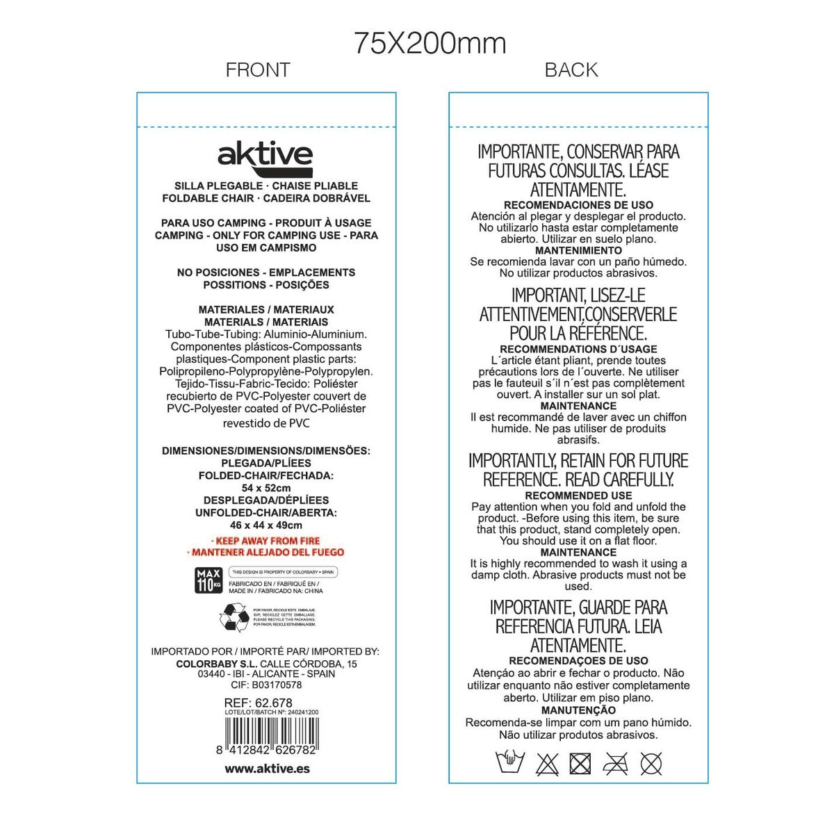 Chaise Pliante Aktive 45 x 52 x 22 cm Bleu