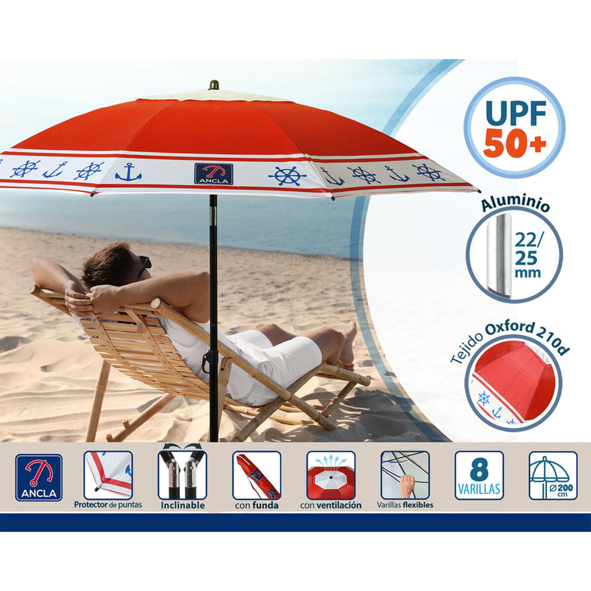 Parasol de plage Rouge Ø 200 cm SPF50+ Ancre