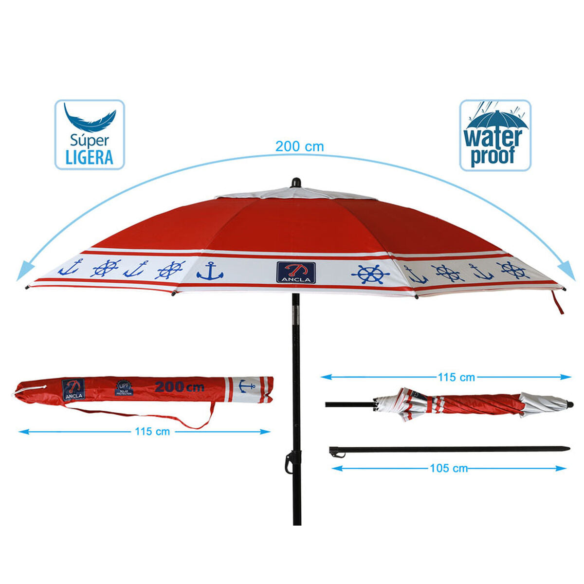 Parasol de plage Rouge Ø 200 cm SPF50+ Ancre