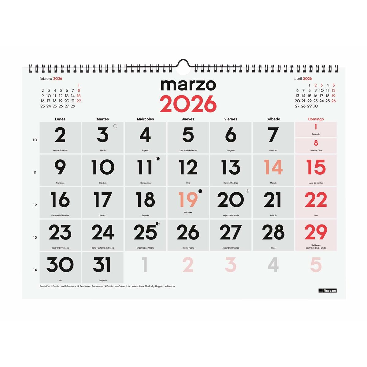 calendrier mural Finocam Papier 43 x 31 cm