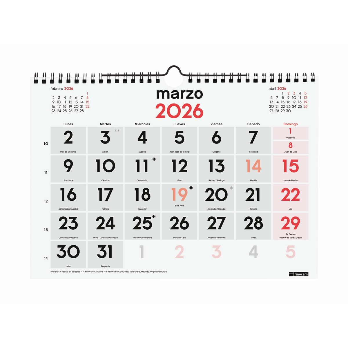 calendrier mural Finocam A4 Papier 2026 30 x 21 cm