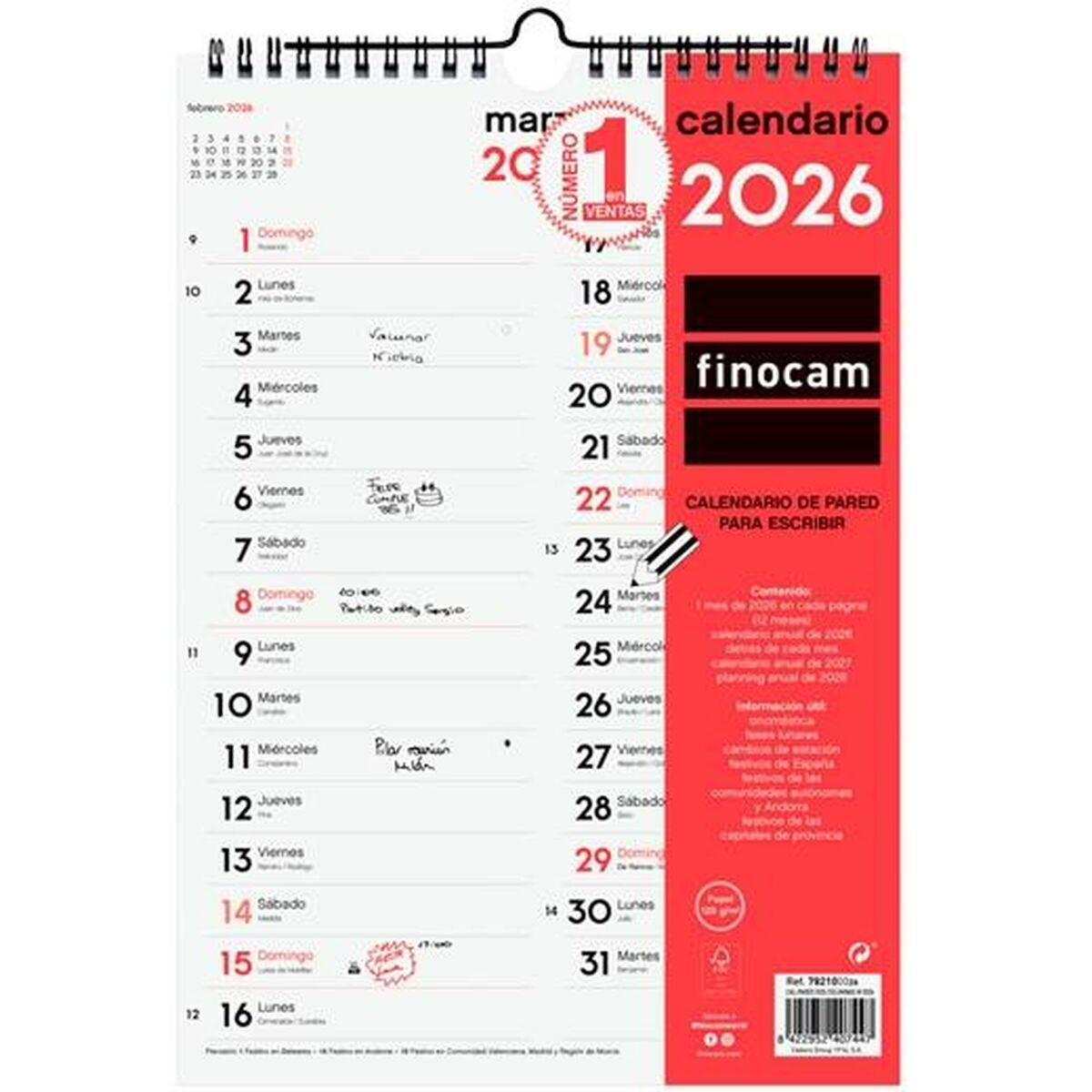calendrier mural Finocam A4 Papier 2026 21 x 30 cm