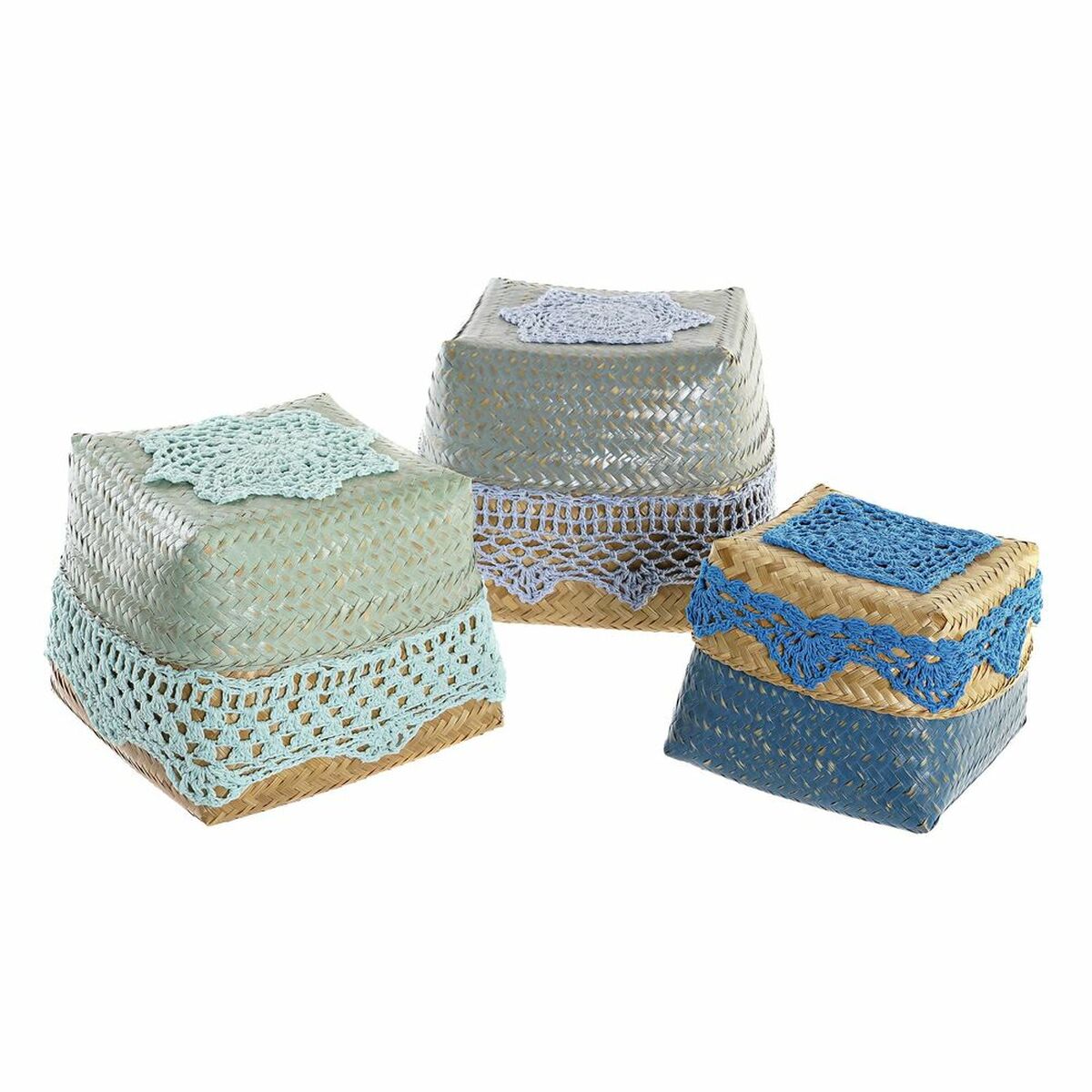 Set de boîtes décoratives DKD Home Decor Bleu Turquoise Naturel Gris clair Bambou Boho