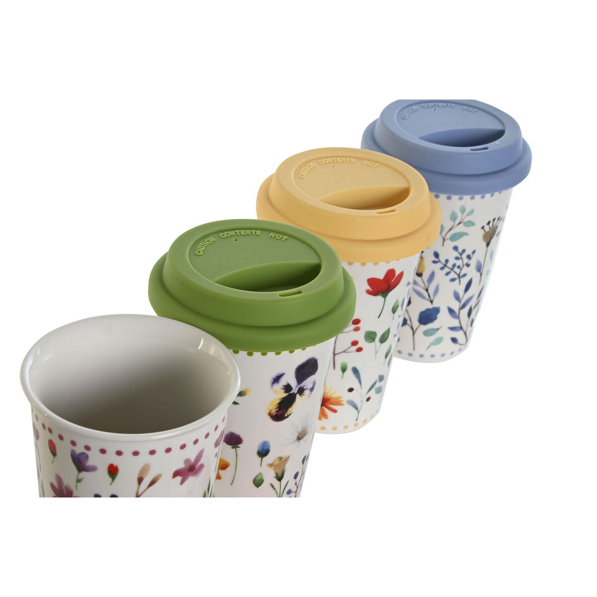 Tasse avec Couvercle DKD Home Decor Multicouleur Fleurs 400 ml (4 Unités)