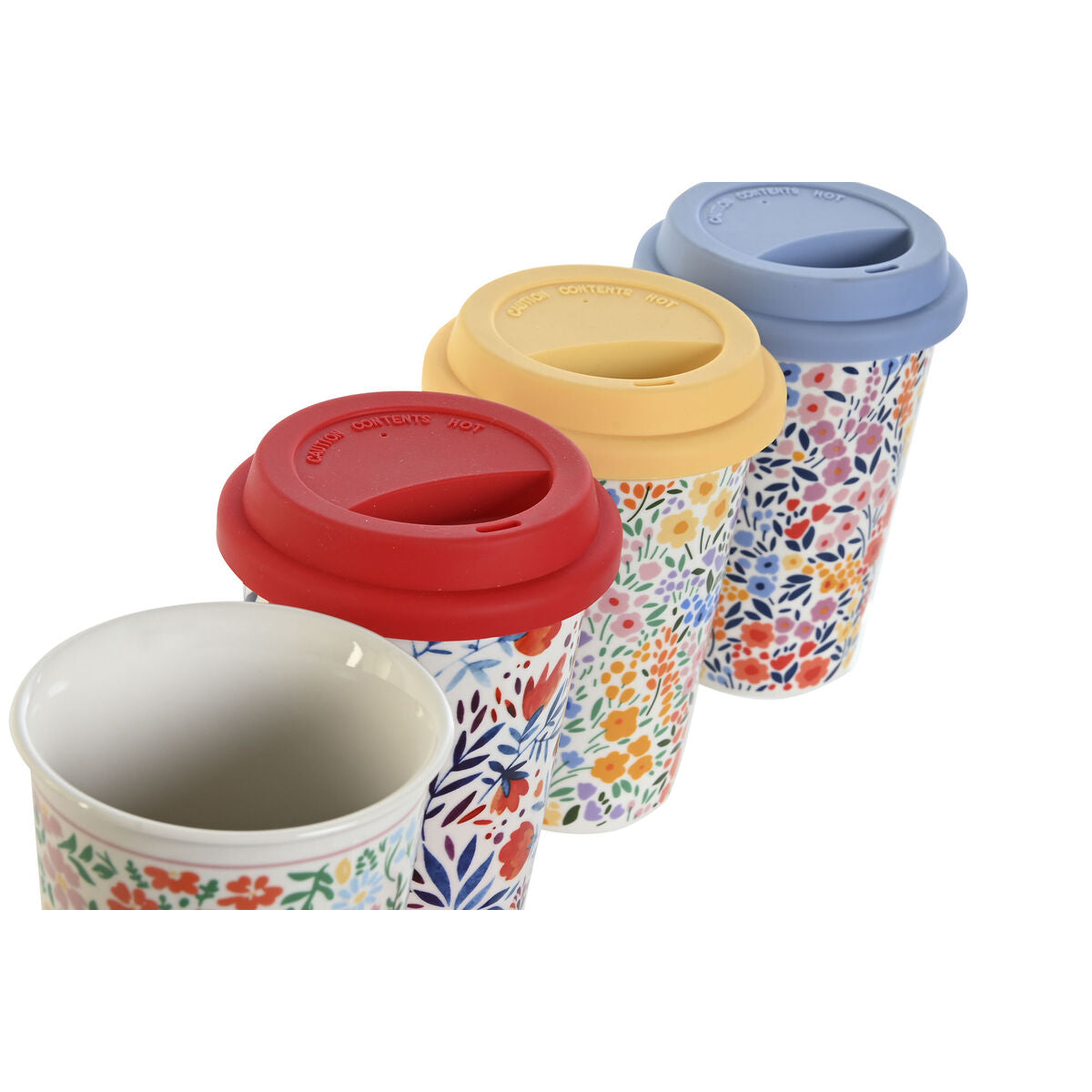 Tasse avec Couvercle DKD Home Decor Multicouleur Fleurs 400 ml (4 Unités)