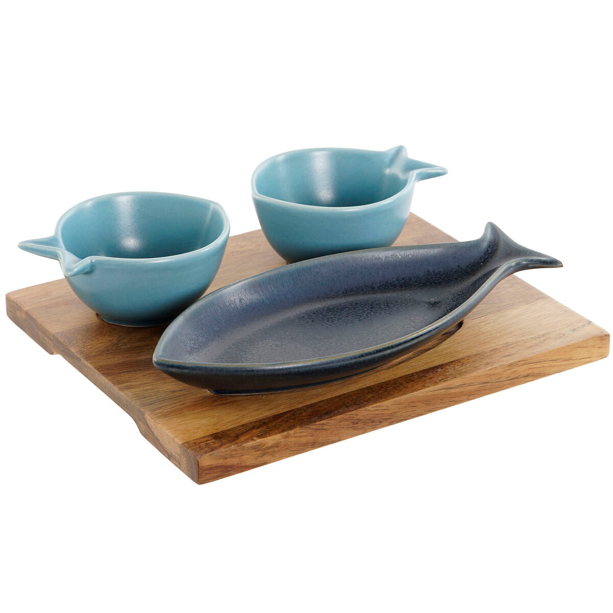 Ensemble à apértif Home ESPRIT Bleu Bleu ciel Porcelaine Acacia méditerranéen Poissons 19,5 x 16,5 x 1,3 cm 4 Pièces