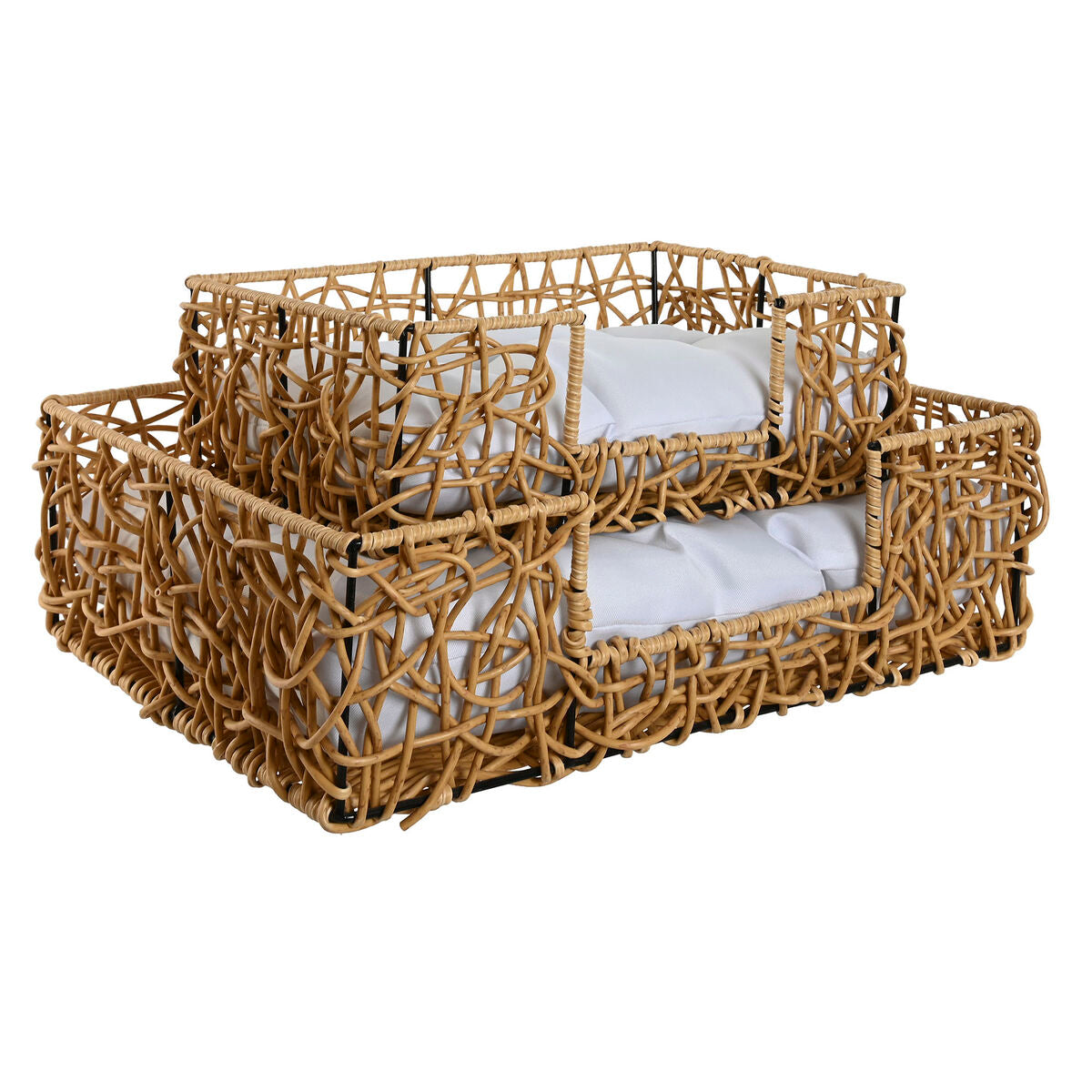 Lit pour animal domestique Home ESPRIT Blanc Marron Clair Métal rotin synthétique 50 x 35 x 14 cm (2 Pièces)