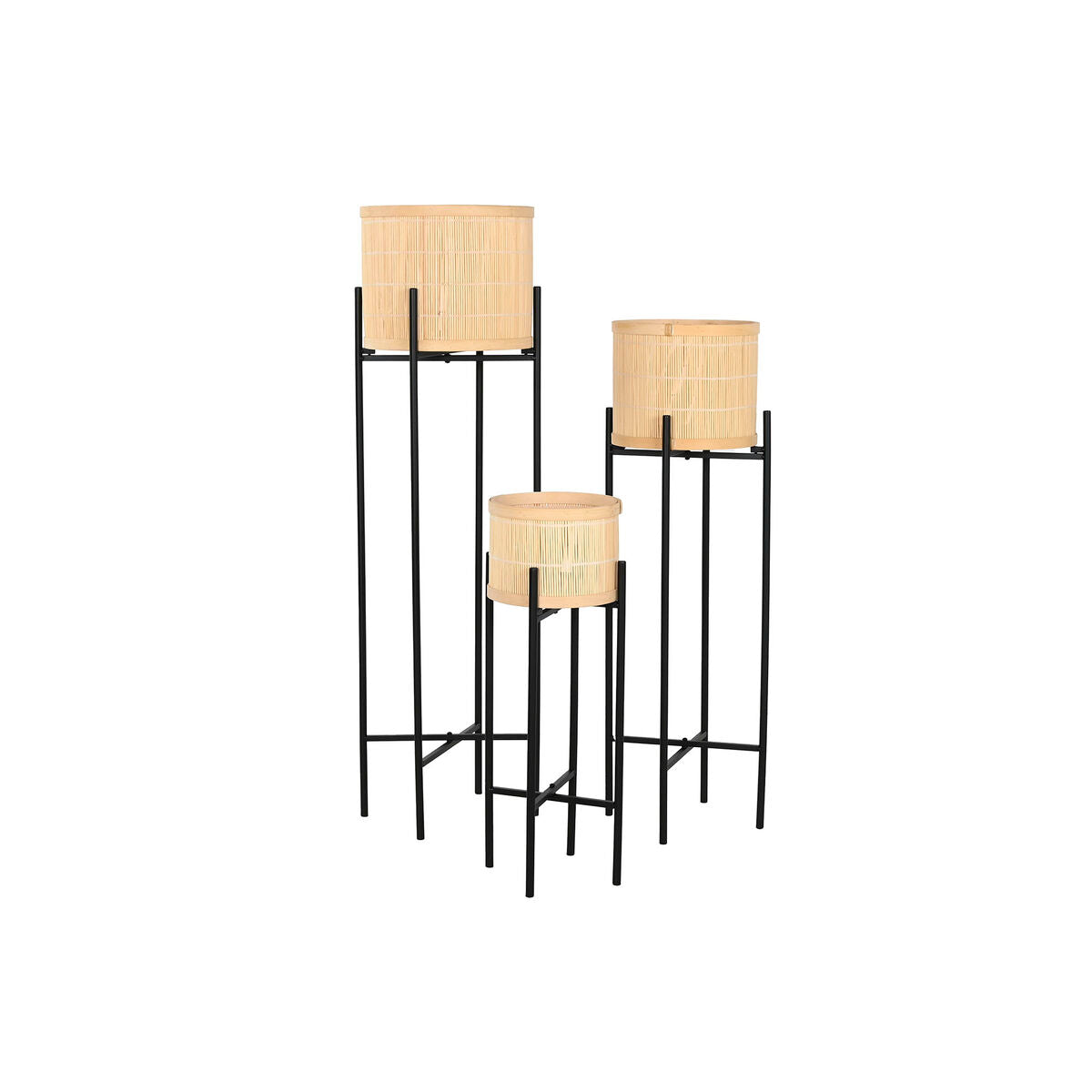 Set de pots de fleurs Home ESPRIT Noir Naturel Métal Bambou 31 x 31 x 103 cm (3 Pièces)