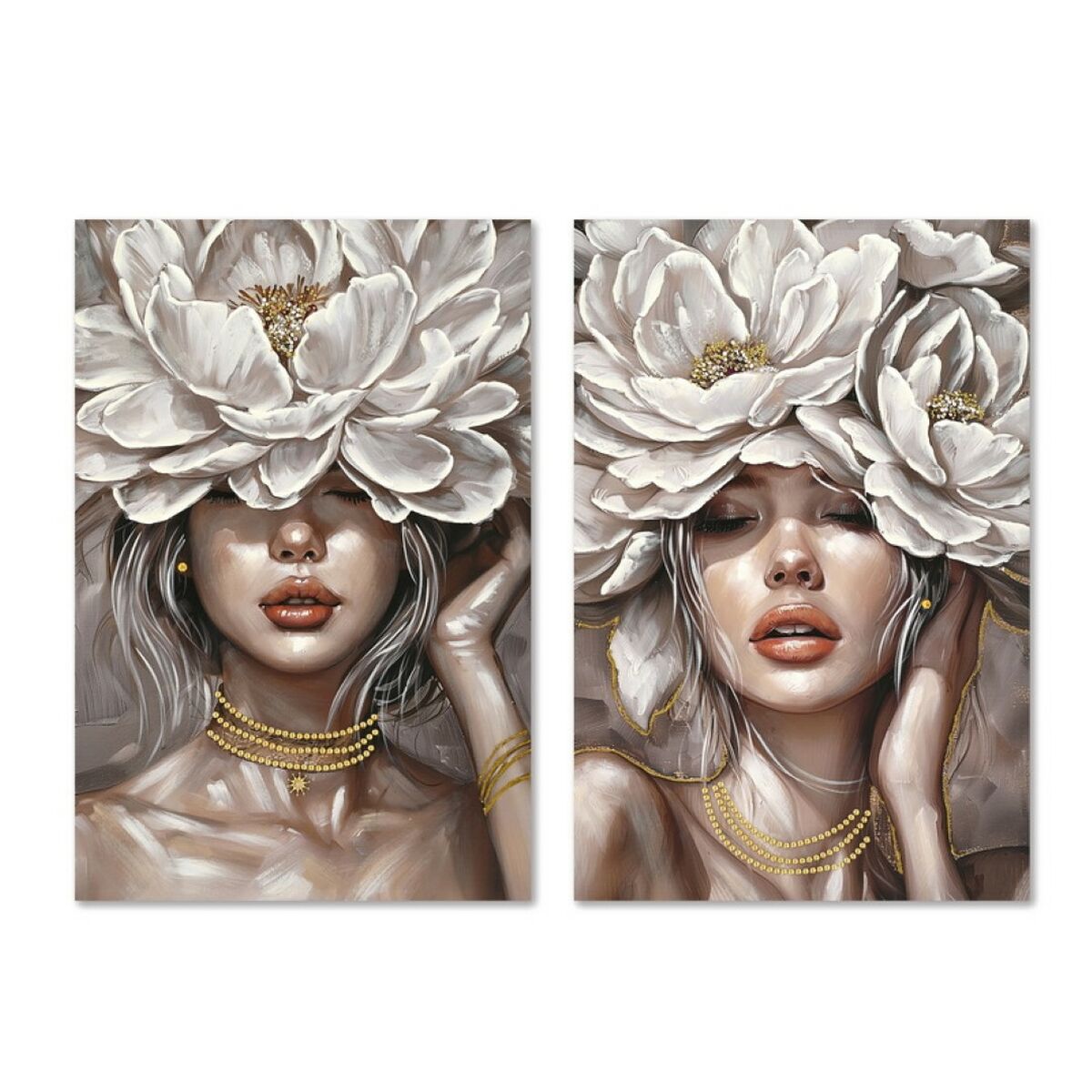 Toile Home ESPRIT Blanc Beige Fleurs Romantique 60 x 3 x 90 cm (2 Unités)