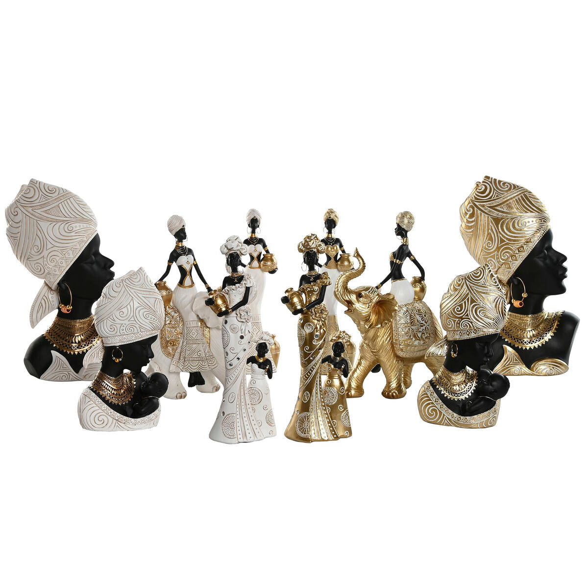 Figurine Décorative Home ESPRIT Blanc Noir Doré Africaine 15 x 9 x 25 cm (2 Unités)