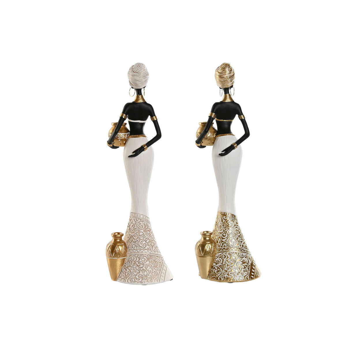 Figurine Décorative Home ESPRIT Blanc Noir Doré Africaine 9,5 x 7,5 x 31 cm (2 Unités)