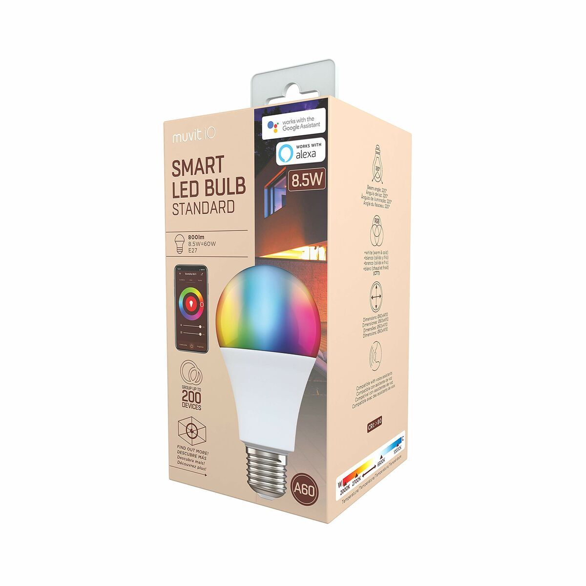 Ampoule à Puce Muvit 8,5 W E27 2700 K 6500 K 800 lm Wi-Fi LED Blanc