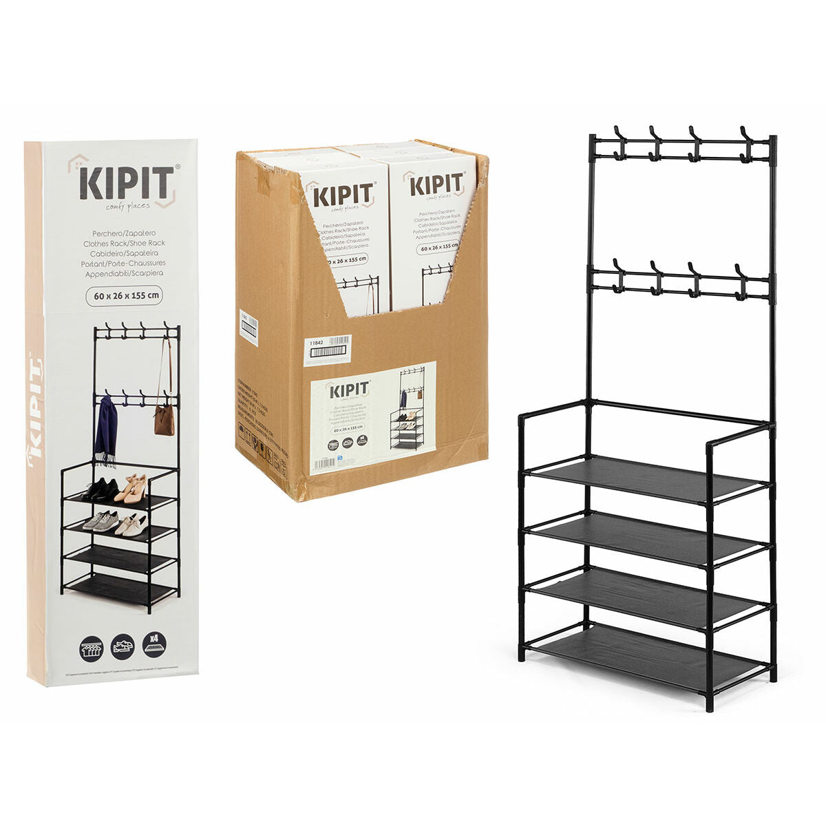 Porte-manteaux avec étagères Kipit Noir Métal 60 x 26 x 155 cm