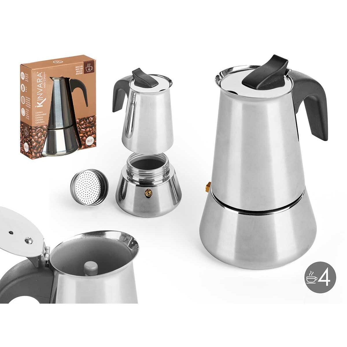 Cafetière Italienne Kinvara Noir Argenté Acier Plastique 4 Tasses