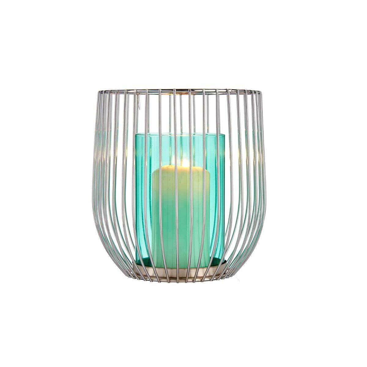 Bougeoir Gift Decor Bleu Argenté Argent Métal verre 15 x 17 x 15 cm Cage