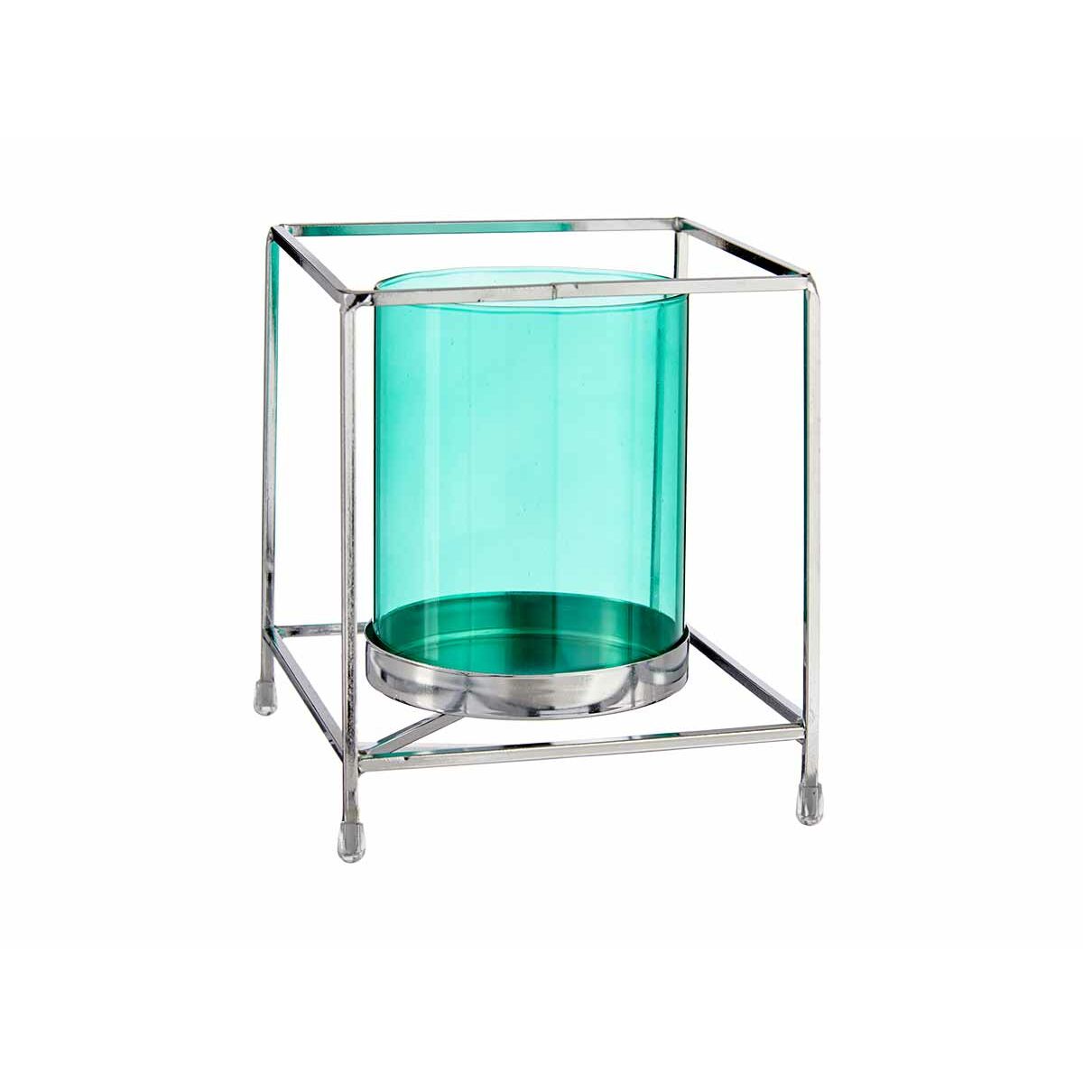 Bougeoir Gift Decor Bleu Argenté Argent Métal verre 14 x 15,5 x 14 cm Carré