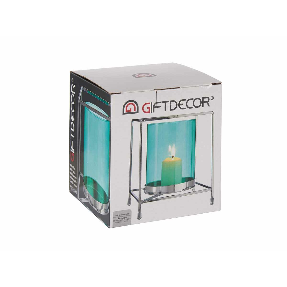 Bougeoir Gift Decor Bleu Argenté Argent Métal verre 14 x 15,5 x 14 cm Carré